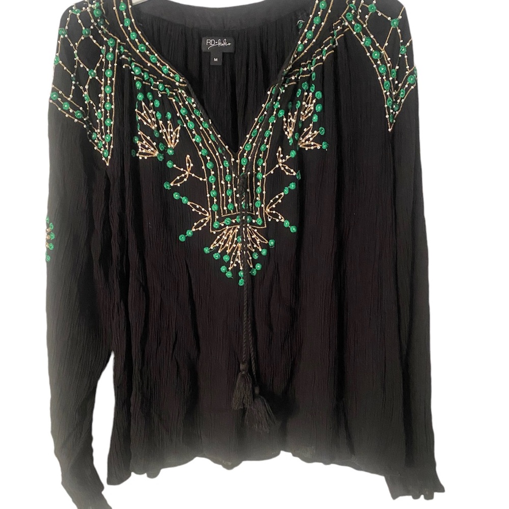 RD KoKo Anthropology Boho Embroidered & Beaded Blouse Size M